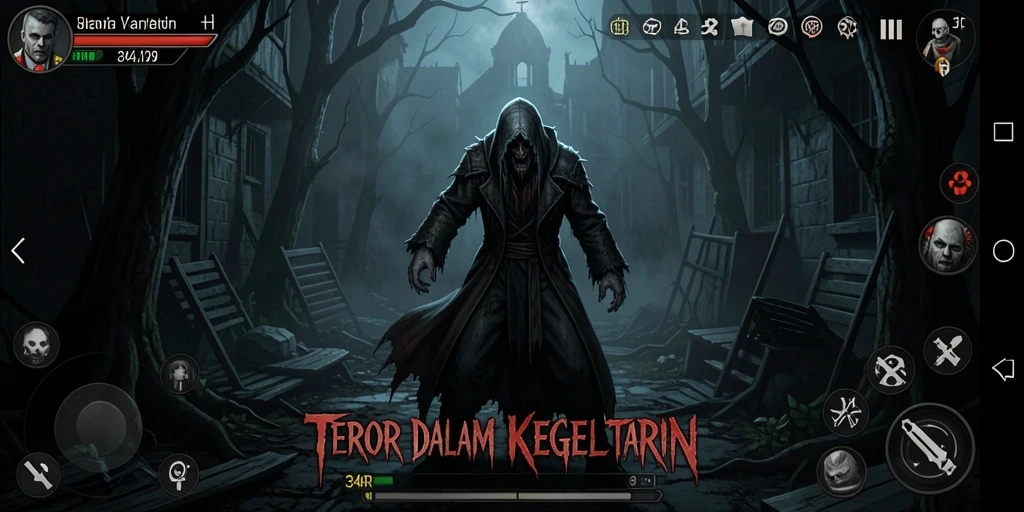 Screenshot gameplay 34R menampilkan suasana Horror yang mencekam.