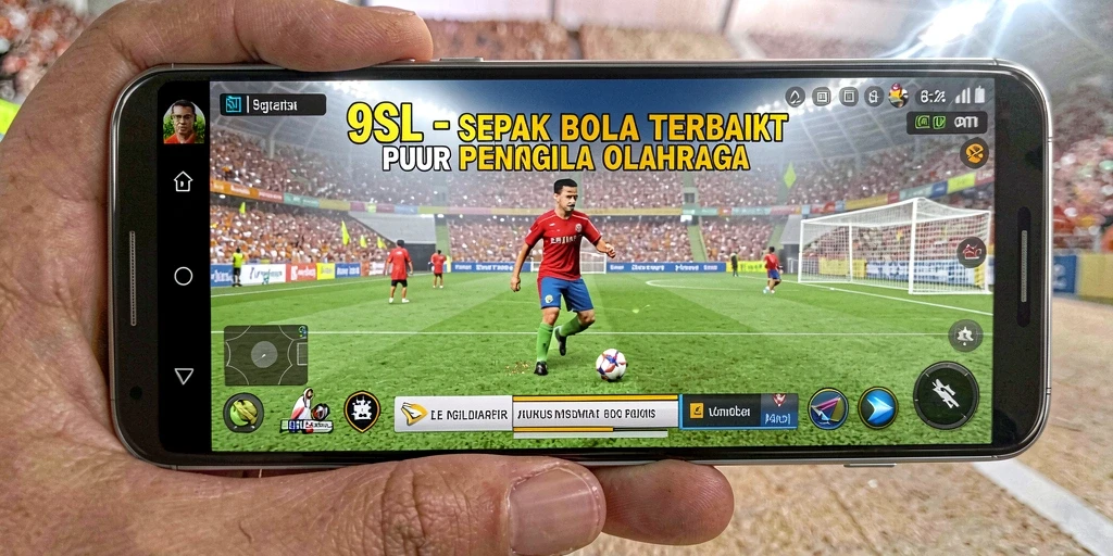 Tangkapan layar utama dari gameplay 9SL yang menampilkan aksi sepak bola yang mendebarkan.