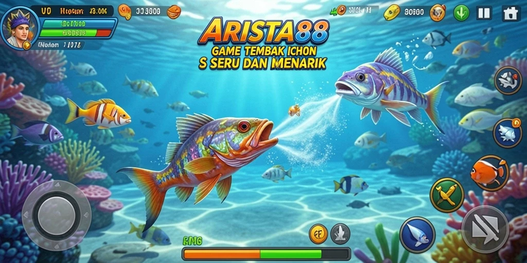 Screenshot utama ARISTA88 menampilkan gameplay seru dengan berbagai ikan untuk ditembak.