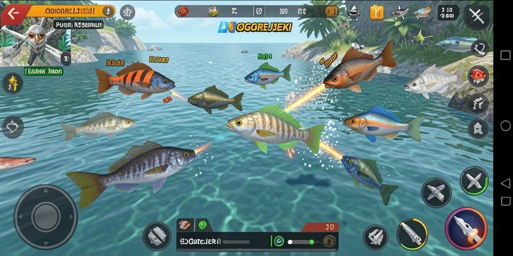 Tangkapan layar gameplay <strong>GOGOREJEKI</strong> yang penuh aksi menembak ikan.