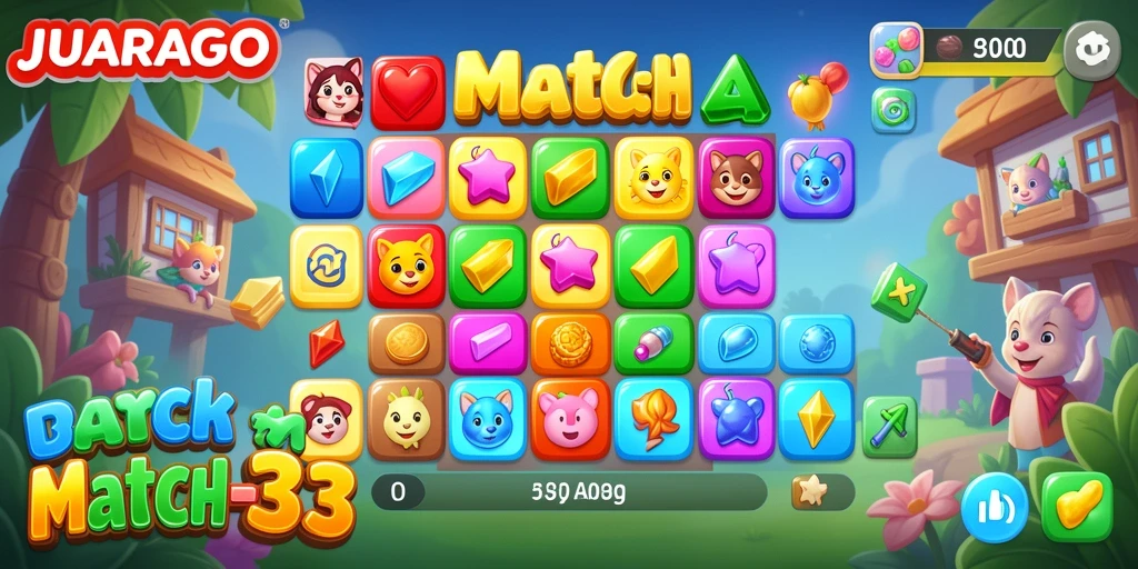 Tangkapan layar gameplay JUARAGO yang menampilkan aksi Match-3 yang dinamis.