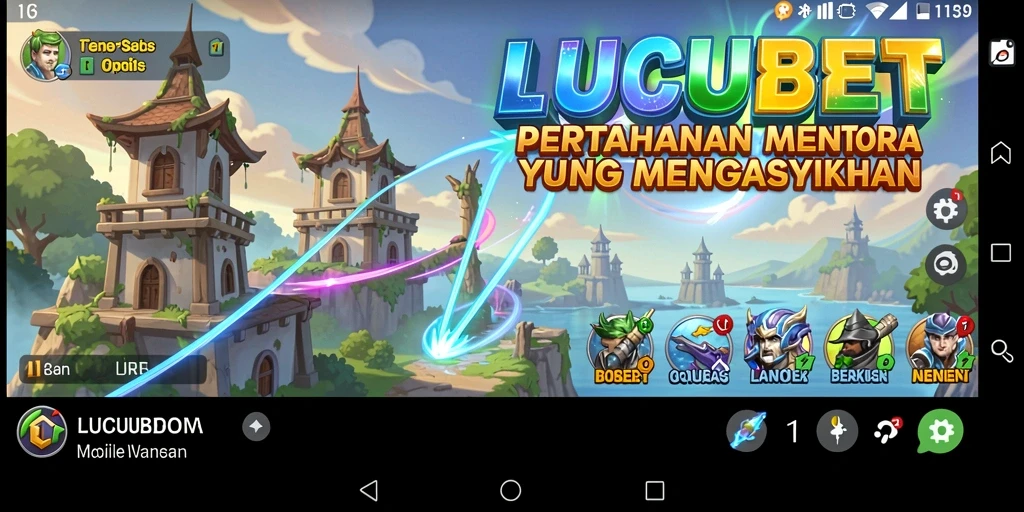 Tampilan gameplay seru dalam LUCUBET dengan menara dan strategi pertahanan yang beragam.