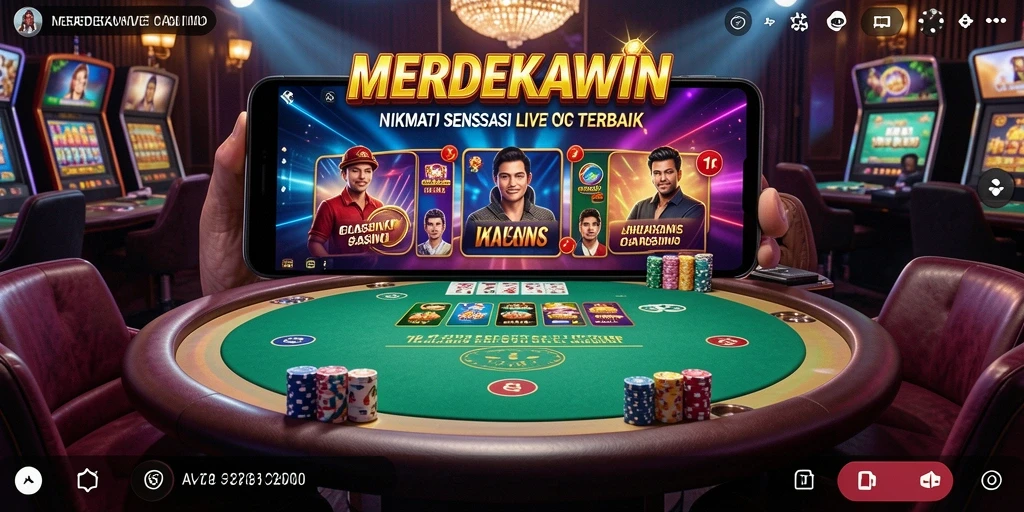 Screenshot MERDEKAWIN menampilkan dealer profesional dan gameplay yang mendebarkan.