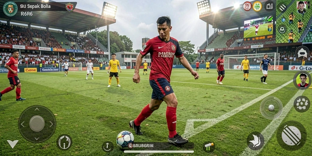 Screenshot gameplay R6R6 dengan aksi sepak bola nyata.
