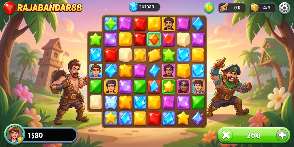 Tampilan seru gameplay RAJABANDAR88 saat menyusun elemen Match-3.