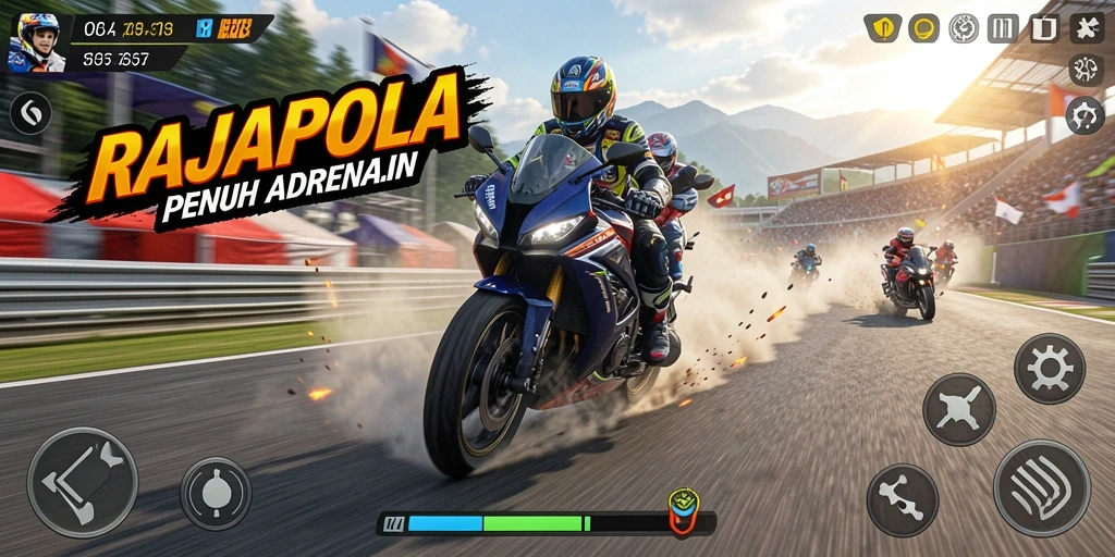 Screenshot gameplay RAJAPOLA dengan aksi balapan motor yang seru.
