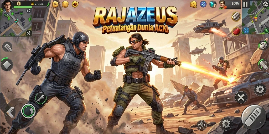 Tangkapan layar RAJAZEUS yang menampilkan aksi pertarungan yang mendebarkan.