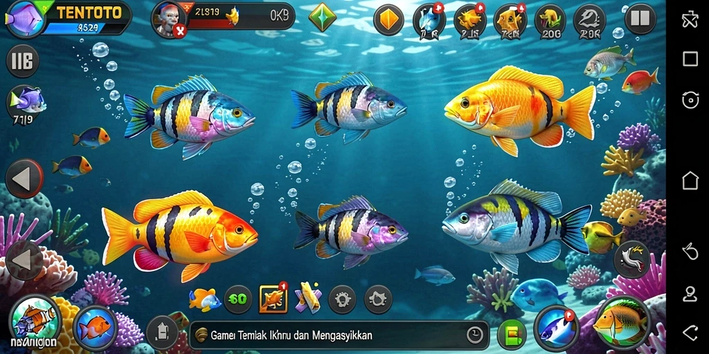 Screenshot gameplay TENTOTO yang menampilkan aksi menembak ikan.