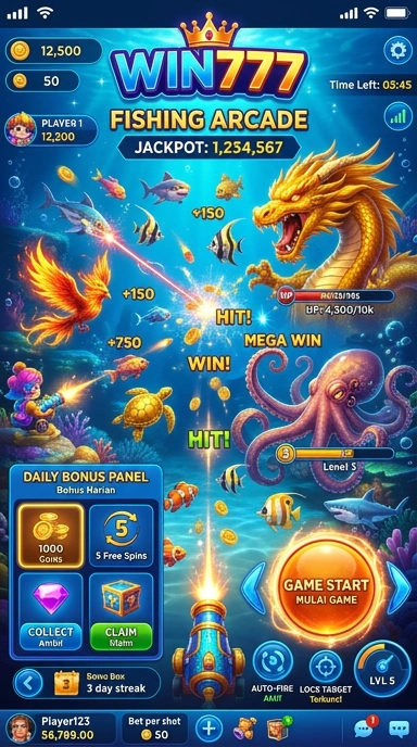 Tampilan utama aplikasi win777 di perangkat Android.